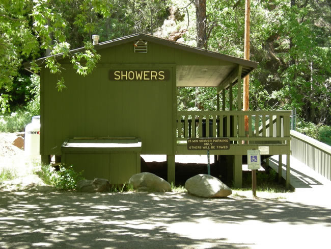 The shower facility at Cave Springs Campground. Purchase Tokens from the camp store.
