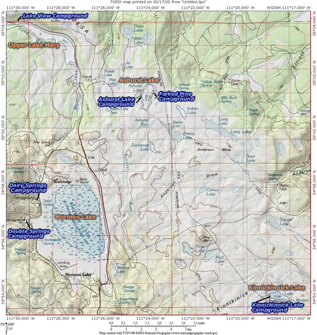 A map of Mormon Lake and Upper Lake Mary region.